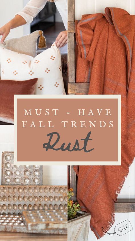 Check out our checklist below for must-have trends this season. One no-brainer that I overlooked was RUST. Rust is a rich red/brown tone that is synonymous with Fall. Decorating With Rust Colors, Fall Decor Home, Outside Fall Decor, Farmhouse Trends, Color Boards, Fall Living Room, Lamb Decorations, Brown Tone, Small Living Room Decor