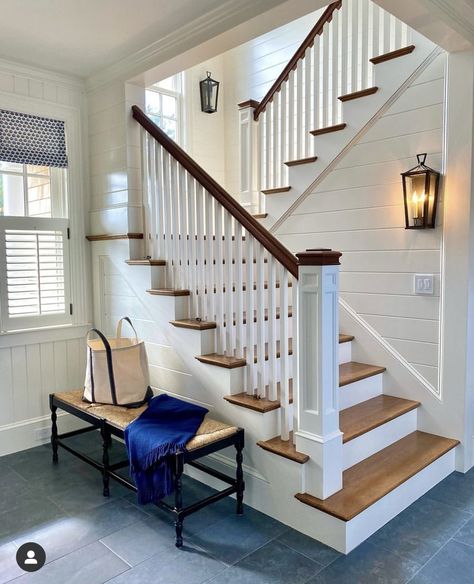 Walled Stairs, Stairway Railing Ideas Banisters, Coastal Stairwell, Shiplap Foyer, Colored Stairs, Shiplap Staircase, Farmhouse Staircase Decor, Stairwell Design, Modern Farmhouse Staircase