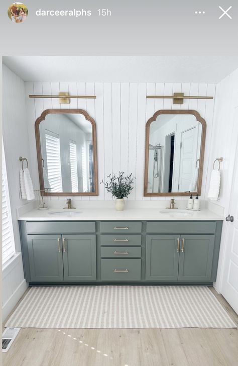 Master Bathrooms Modern Farmhouse, Blue Green Cabinets Bathroom, Mather Bathroom Ideas, Sage Green Shiplap Bathroom, Southern Living Bathroom Ideas, Bathroom Tall Ceiling, Small Modern Coastal Bathroom, Light Colored Bathroom Ideas, Master Bath Modern Farmhouse Bathroom