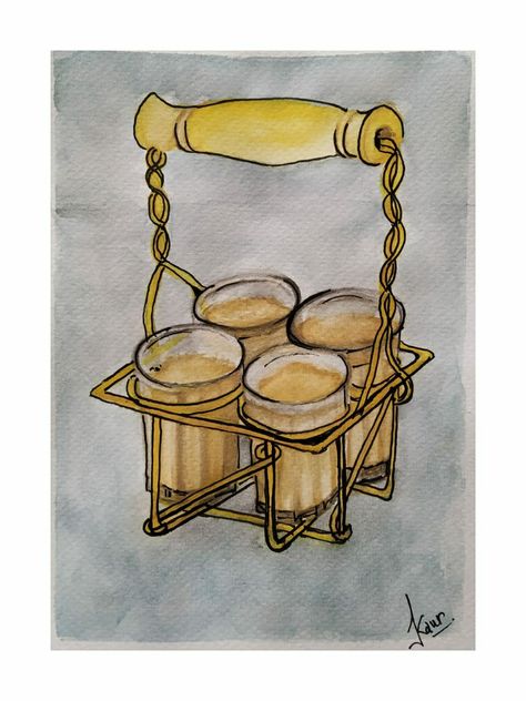 Watercolor painting of indian tea. The holder in which the tea is carried and served in different shops in the market in india is really fascinating to me. So i decided to paint my fascination with watercolors. Pin it now! #pinterest #chai #tea #tealovers #watercolors #painting #art #artwork #whitepeacockarts Chai Illustration Art, Mumbai Art Illustrators, Chai Art Painting, Food Wall Art Paintings, Chai Cartoon, Tea Watercolor Painting, Chai Sketch, Tea Painting Art, Chai Illustration Indian