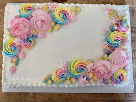 Pastel Sheet Cake Birthday, Rosette Sheet Cake Ideas, Girly Sheet Cake Birthdays, Half Sheet Cake With Flowers, Decorated Rectangle Cake, Rainbow Cake Sheet, Sheet Cake With Rosettes, Two Sweet Sheet Cake, Rainbow Unicorn Sheet Cake Ideas