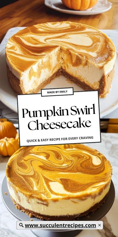 This Pumpkin Swirl Cheesecake is a must-have for fall! With its perfect blend of creamy cheesecake and spiced pumpkin swirl, it’s sure to impress. Low Sugar Pumpkin Cheesecake, Philadelphia Pumpkin Swirl Cheesecake, Pumpkin Cheesecake With Premade Crust, 6 Inch Pumpkin Cheesecake, Pumpkin Marble Cheesecake, Sweet Potato Swirl Cheesecake, Pumpkin Cheesecake Biscoff Crust, Autumn Cheesecake Recipes, Pumpkin Cream Cheesecake