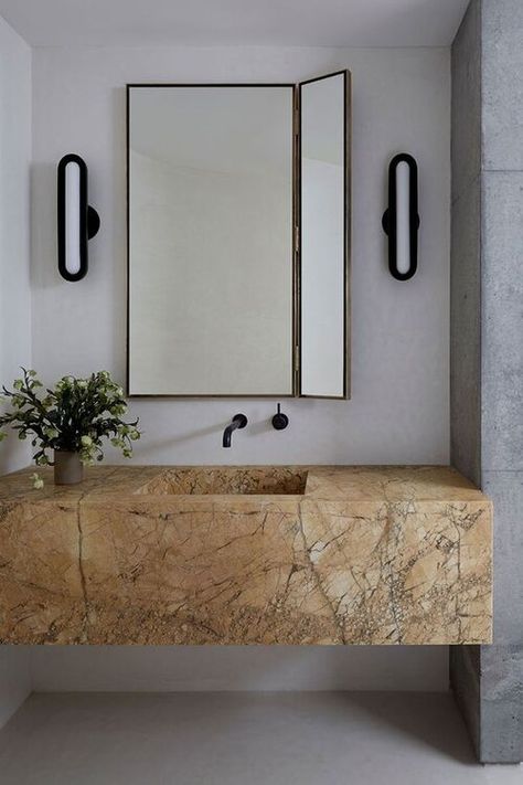 There’s no better way to make a statement in the bathroom than with a slab of marble. And when we’re talking a floating marble sink, it’s just about as sexy as it gets. I mean, what’s not to love?! If you’re obsessed with these floating vanities as much as I am, keep on scrolling because I rounded up five of my favorites! Floating Marble Sink, Copper House, Bad Inspiration, Interior Minimalista, Marble Sinks, Custom Vanity, Sopot, Floating Vanity, Decor Minimalist