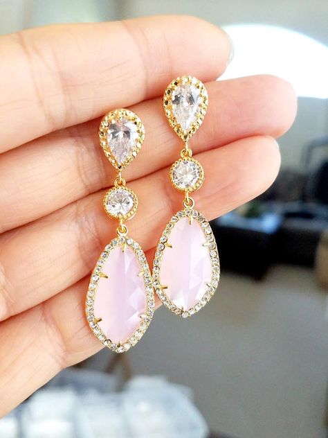 Blush Pink Earrings, Pink Opal Earrings, Statement Earrings Wedding, Pink Stud Earrings, Gold Earrings Wedding, Prom Accessories, Pink Studs, Prom Earrings, Bridemaids Gifts