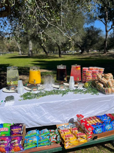 Park Parties Ideas, Snack Display Ideas Party, Food Table Display Party, Refreshments Ideas Snacks Table, Snack Table For Party, Outdoor Food Display, Food Ideas For Park Birthday Party, Kids Party Snack Table, Chips For Party Display