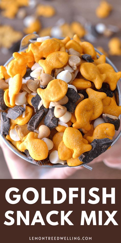 This snack mix is loaded with Goldfish crackers, pretzels, chocolate chips, peanut butter chips, dried cranberries, shredded coconut and more. An easy, grab by the handful snack mix that's perfect for kids OR adults! Dry Snacks For Kids, Sesame Snacks, Goldfish Snack, Princess Tiana Birthday Party, Tiana Birthday Party, Vbs Snacks, Pretzels Chocolate, Goldfish Crackers, Football Snacks