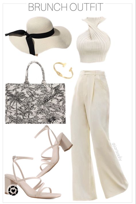 Neutral outfit long, pants sun hat, knit crop top Brunch Outfit With Hat, Ltk Outfits, Ladies Brunch, Dress Pants Outfits, Long Pants Outfit, Beige Pants, Pants Outfits, Brunch Outfit, Outfits With Hats