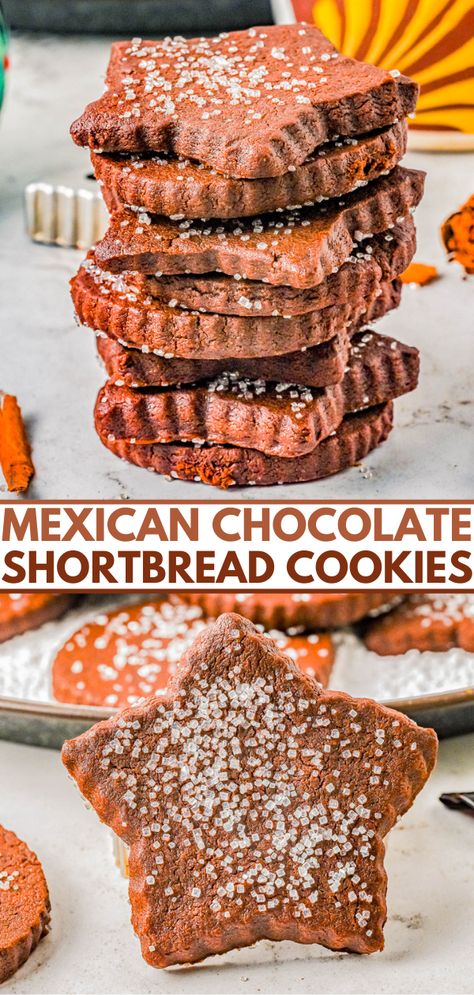 Mexican Chocolate Shortbread Cookies - These buttery shortbread cookies are full of chocolate, cinnamon-and-sugar, and a bit of spice thanks to a couple unique ingredients! They remind me of a good cup of Mexican hot chocolate, in cookie form. Great for cookie exchanges because they keep well and the perfect conversation piece cookie to set out at your next holiday party or fiesta! Mexican Hot Cocoa Cookies, Chocolate Abuelita Cookies, Fancy Cookies Christmas, Mexican Cinnamon Sugar Cookies, Spicy Chocolate Cookies, Mexican Christmas Dishes, Spiced Christmas Cookies, Unique Cookie Recipes Xmas, Frito Cookies