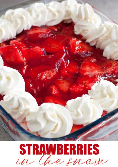 Strawberries  : Strawberries in the Snow - Light angel food cake is layered on cream and covered in strawberries. A wonderful dessert to serve at a spring or summer gathering. Strawberries In The Snow Recipe, Strawberries In The Snow, Strawberry Angel Food Cake, Snow Recipe, Angel Food Cake Desserts, Snow Cake, Fruity Recipes, Snow Light, Strawberry Dessert Recipes