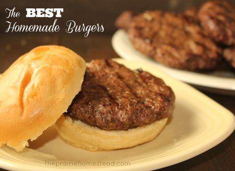 The best homemade burgers. Courtney here: this is true. These are so good and super flavorful. I substituted oatmeal for breadcrumbs because that's what I had and... I'm Patti's daughter :) Best Homemade Burgers, Homemade Burger Recipe, The Prairie Homestead, Prairie Homestead, Homemade Burgers, Hamburger Buns, Beef Burgers, Web Images, Beef Dinner