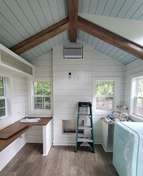 Mini Hangout Shed, Tiny Shed Interior, She Shed Studio Ideas, Diy Furniture Build, She Shed Office Interior Ideas, She Shed Closet Ideas, Shed Turned Office, Home School Shed, Shed Studio Apartment