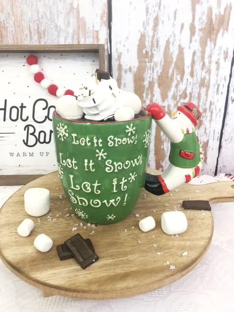 Sweet enough to fool the eye. This Christmas mug with a festive snowman handle and Christmas saying on the front will look so cute on your hot cocoa bar this Christmas! They are a fun drink prop to decorate and add an element of surprise to any Winter decor. They can be displayed on a stand or Fake Hot Chocolate, Hot Chocolate Decor, Cocoa Drink, Cookies Theme, Element Of Surprise, Cupcake In A Cup, Snack Cups, Food Props, Hot Cocoa Bar