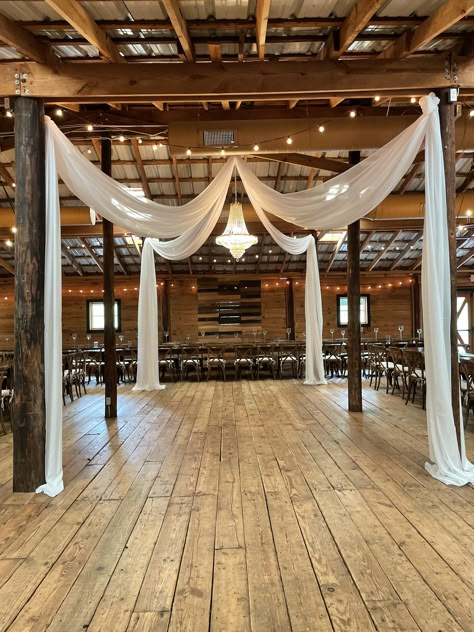 Elegant Wedding Arch, Event Space Decor, Wedding Drapes, Barn Wedding Flowers, Wedding Table Layouts, Shed Wedding, Wedding Drapery, Room Door Decorations, Rustic Wedding Ceremony