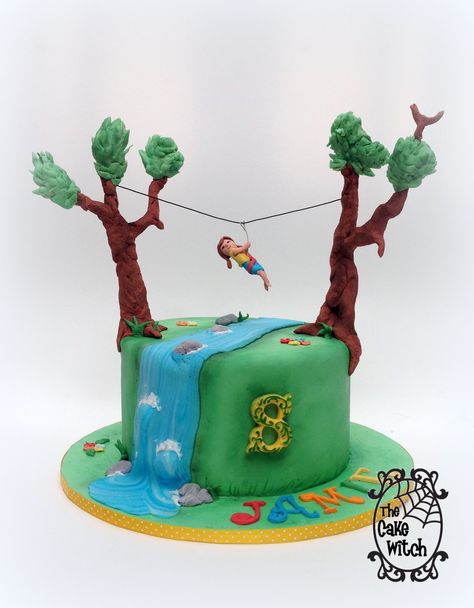 Zip line Birthday Cake Zipline Birthday Party, Happy Birthday Cake Girl, 8 Birthday, Anna Birthday, Go Ape, Camping Theme Party, 4th Birthday Cakes, Glow Birthday, Zip Line