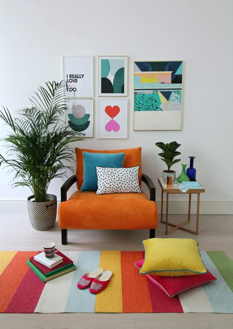 How I styled my orange sofa Novita Swing chair from Furniture village. By Little Big Bell. Orange Sofa, Colourful Living Room Decor, Interior Design Minimalist, Orange Chair, Floor Decoration, Deco Salon, Casa Vintage, Youtube Studio, Colourful Living Room