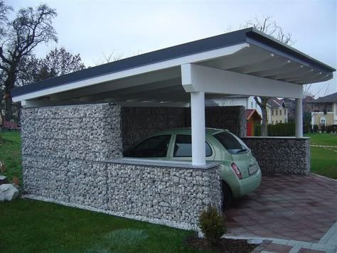 gabion for the tractor... Or a horse... Or as part of a pergola... Or to create a fort for the boys... Or... Pergola Modern, 2 Car Carport, Gabion Fence, Stone Fence, Gabion Wall, Carport Garage, Carport Designs, Energy Efficient Homes, Home Upgrades