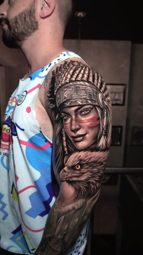 Native Indian Tattoos, Portrait Tattoo Sleeve, Native American Tattoo Designs, Indian Tattoo Design, Native American Tattoo, Wolf Tattoo Sleeve, Native American Tattoos, Native Tattoos, Realistic Tattoo Sleeve