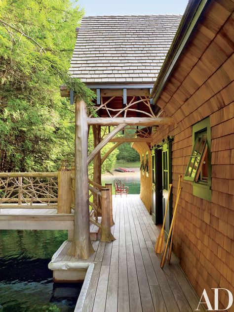 Boathouse Architecture, Shope Reno Wharton, Dock House, Shake Shingle, Adirondack Style, Awning Windows, Lakefront Living, Thom Filicia, Saranac Lake