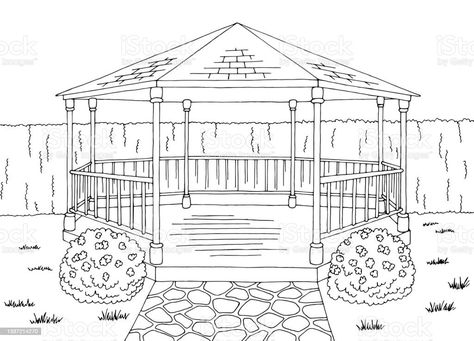 Gazebo Drawing, Backyard Drawing, Simple Gazebo, Institutional Building, Victorian Gazebo, Dream House Drawing, Elevation Drawing, Interior Design Sketches, Landscape Sketch