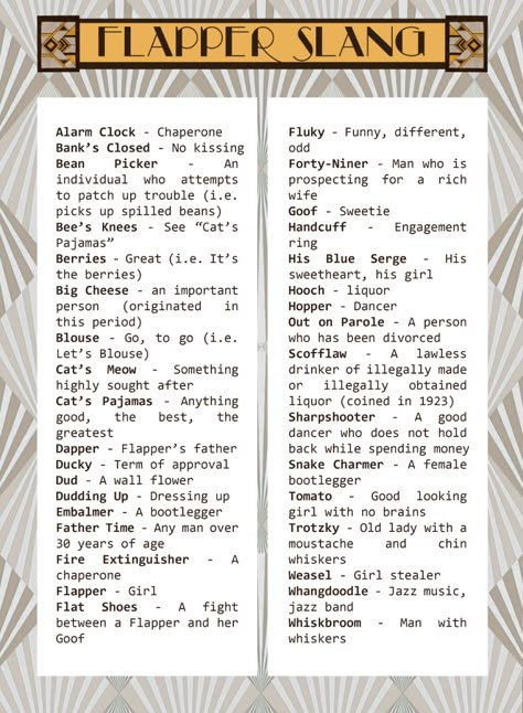 Flapper Slang 1920s Slang, Roaring 20s Birthday, Twenties Party, Speakeasy Party, 20s Party, Roaring 20s Party, 1920s Party, Roaring 20, Gatsby Themed Party