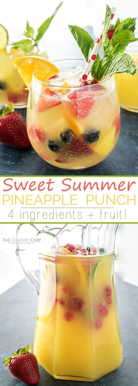 Summer Pineapple Punch | This sweet and easy to make pineapple punch will be the hit of any party! Just 4 simple ingredients plus fresh fruit and pretty garnishes! Fruit Drinks Alcohol, Sommer Mad, Summer Pineapple, Pineapple Punch, Long Island Iced Tea, Drinks Alcohol, Jello Shots, Punch Recipes, Fruit Drinks