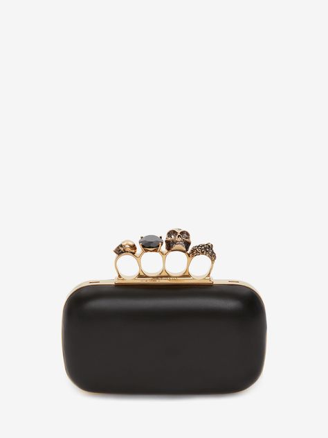 Skull Four Ring Clutch With Chain in BLACK | Alexander McQueen US Alexander Mcqueen Clutch, Luxury Gifts For Women, Black Alexander Mcqueen, Alexander Mcqueen Bag, Alexander Mcqueen Skull, Leather Jewels, Gold Skull, Designer Clutch, Box Clutch