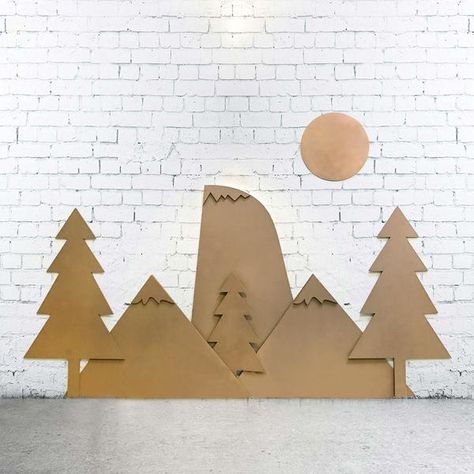 Parks Project cardboard mural Cardboard Mountains Backdrop, Cardboard Mountains Diy, Cardboard Mural, Cardboard Mountains, Cardboard Mountain, Hoco Decor, Green Crafts For Kids, Rally Idea, Cardboard Tree