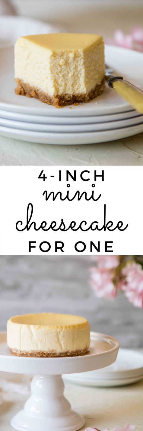 This 4-inch mini cheesecake recipe for one (or two) is just like regular cheesecake but it's made in a 4-inch cheesecake springform pan.  It is smaller in size but still maintains that creamy, luxurious smooth texture with a light tanginess. So next tie you are craving cheesecake but don't want the whole thing to make this mini version of the original cheesecake.  #cheesecake #minirecipe #minicheesecake #cheesecakeforone #easycheesecakerecipe Small Spring Form Pan Recipes, Mini Cheesecakes In Springform Pan, Mini Cheesecakes 4 Inch, Mini Cheesecake For One, 3 Inch Cheesecake Recipes, Mini Cheesecake For Two, Mini Springform Pan Recipes Cheesecake, 4inch Cheesecakes, Small Springform Pan Recipes