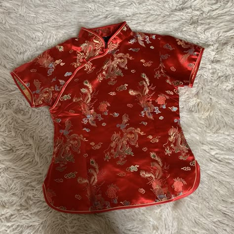 Chinese Tops Fashion, Dragon Print Outfit, Qipao Top Outfit, Chinese Dragon Clothes, Chinese Clothes Aesthetic, Qipao Shirt, Qipao Top, Chinese Top, Myanmar Dress Design