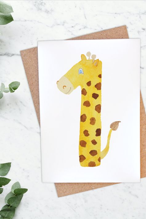 This card makes is great for a little ones special 1st Birthday. A cute age 1 giraffe birthday card created from an original design that was painted in watercolour by me. Would look lovely in a safari themed nursery and is perfect for a boy or girl... very gender neutral! So make baby's first birthday extra special by choosing a unique giraffe card. 1st Birthday Giraffe Theme, 1st Birthday Watercolor Card, 1st Birthday Card Ideas, 1st Birthday Cards Handmade, Giraffe 1st Birthday, Giraffe Birthday Card, Giraffe Card, First Birthday Card, Baby Birthday Card