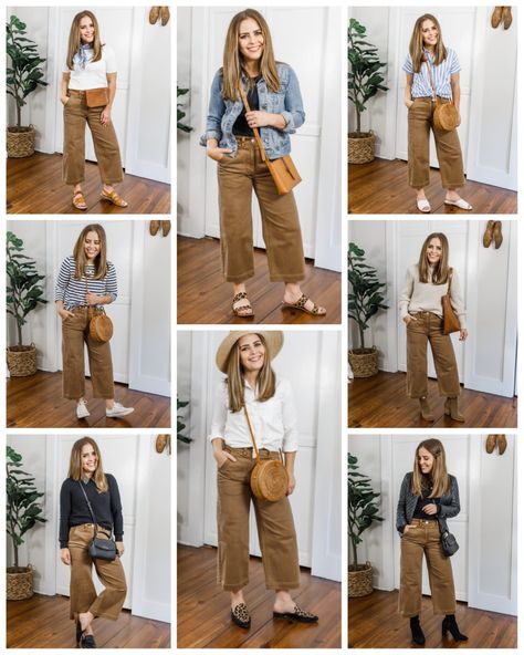 Tan Pants Outfit Casual, Brown Pants Casual Outfit, Wide Khaki Pants Outfit, Straight Leg Khaki Pants Outfit, Wide Leg Business Casual Outfits, Brown Ankle Pants Outfit, Brown Wide Leg Crop Pants Outfit, Brown Pants Spring Outfit, Brown Capri Pants Outfit