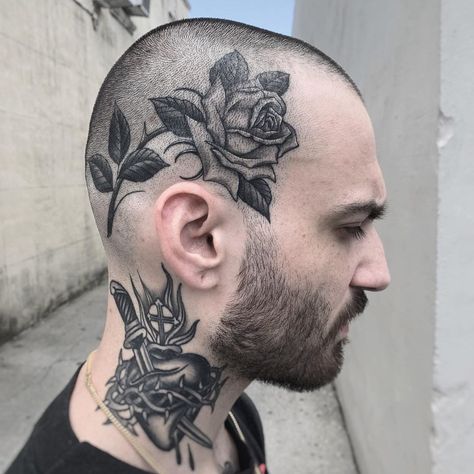 Rose Head Tattoo, Bald Head Tattoo, Ojo Tattoo, Tattoo Crane, Black Flowers Tattoo, Scalp Tattoo, Alchemy Tattoo, Hipster Tattoo, Animal Sleeve Tattoo