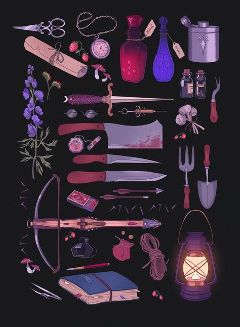 Bex 🏳️‍🌈🌿 on Twitter: "the vampire's inventory… " Witch Bag Drawing, Witchy Objects, Props Art, Fantasy Props, Witch Books, Witch Aesthetic, Prop Design, Character Design Inspiration, Drawing Inspiration