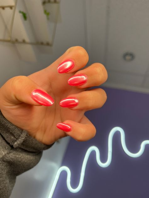 Red An Pink Nails, Hot Pink Chrome Acrylic Nails, Colorful Crome Nails, Coral Chrome Nails Designs, Salmon Chrome Nails, Red Pink Chrome Nails, Pink And Red Chrome Nails, Hot Pink Chrome Nails Square, Coral Crome Nails