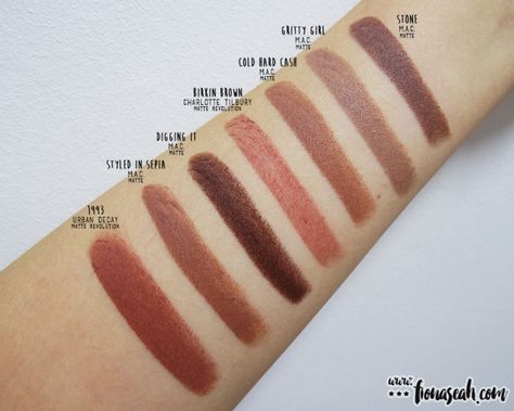 Brown Lipstick Swatches, Brown Swatch, Charlotte Tilbury Matte Revolution, Brown Lipstick, Lipstick Swatches, Celebrity List, Makeup Reviews, Laura Mercier, Charlotte Tilbury