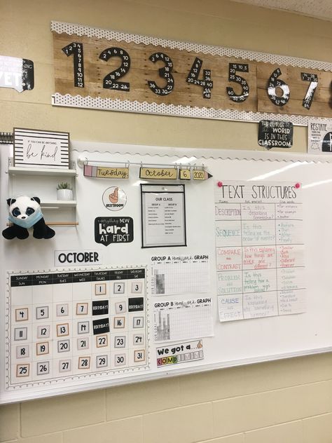 @Leapof4th neutral decor 5 Grade Classroom Decor, Homeschool Room With Whiteboard, Neutral Elementary Classroom, Beige Classroom Aesthetic, Neutral Colored Classroom, Farmhouse Kindergarten Classroom, Classroom Whiteboard Ideas Organization, Minimalistic Classroom Decor, Classroom Decor Minimalist