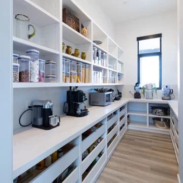 75 Kitchen Pantry Ideas You'll Love - March, 2023 | Houzz Butlers Pantry With Window And Sink, 8x10 Pantry Layout, Kitchen Layout Ideas With Island And Walk In Pantry, Prep Pantry Ideas, Large Pantry Layout, Pantry Layout Plan, Pantry Design With Window, Rectangle Pantry Ideas, Dream Pantry Luxury