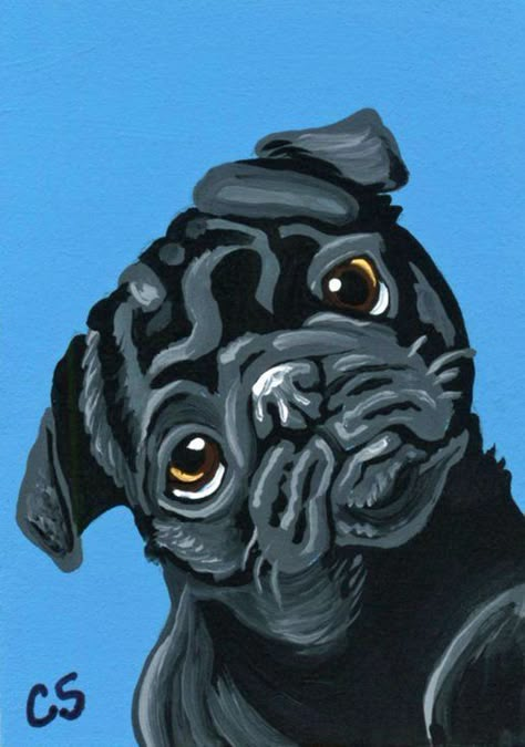 Pug Pop Art, All Black Dog, Dog Face Drawing, Black Pug Puppies, Pugs And Kisses, Pug Art, Black Pug, Pet Art, Canvas Painting Designs