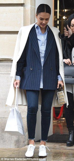 Smart: Alba topped the look with an oversized pin-striped blazer as she shoulder robed a s... Blazer With Striped Shirt, Blue Pinstripe Blazer Outfit Women, Striped Jacket Outfit Blazers, Coat And Blazer Outfit, Oversized Pinstripe Blazer Outfit, Blazer Over Shoulders Outfit, Black Pin Stripe Blazer Outfit, Pin Stripe Outfit, Blazer And Coat Outfit