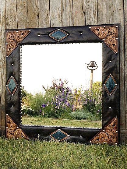 Western Bedroom Mirror, Cow Hide Mirror Frame, Rustic Western Mirror, Tooled Leather Picture Frame, Aztec Mirror Frame, Western Mirror, Cowhide Decor, Leather Picture Frames, Leather Mirror