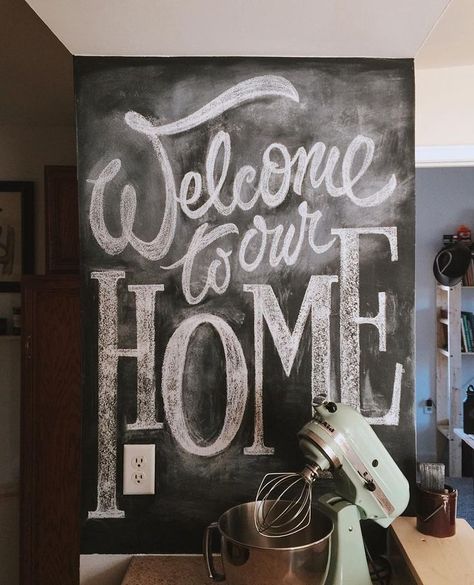 Welcome to our first house together! After 6 months of searching I'm so happy that @whittlayne and I found a place outside of Detroit to call our own. We are finally settled in after a long couple of weeks of moving unpacking and furnishing with the help of our gracious families. Had to get the chalkboard wall I painted in our kitchen a little dusty. Excited for things to come as we start this new chapter together! by seantulgetske Papan Tulis Kapur, Chalkboard Wall Art, Chalkboard Writing, Blackboard Art, Kitchen Chalkboard, Chalk Wall, Chalkboard Lettering, Chalk Lettering, Chalkboard Designs