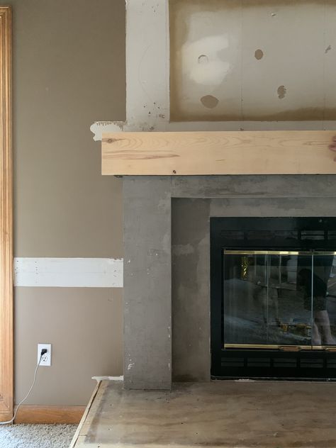 ORC Week Three: Concrete Fireplace DIY – this Eoff house Concrete Fireplace Diy, Fireplace Wall Diy, Fireplace Diy, Wooden Mantle, Shiplap Wall Diy, Wooden Pillars, Concrete Fireplace, Diy Shiplap, Wall Diy