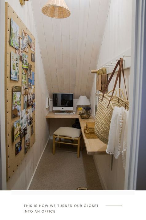 We turned our under stairs closet into an Office. Check it out Closet Into Workspace, Understairs Cupboard Office, Understairs Craft Space, Office Under Stairs With Door, Under Stairs Closet Office Ideas, Craft Closet Under Stairs, Under Stairs Alcove Ideas, Under Staircase Room Ideas, Office Space Under Stairs