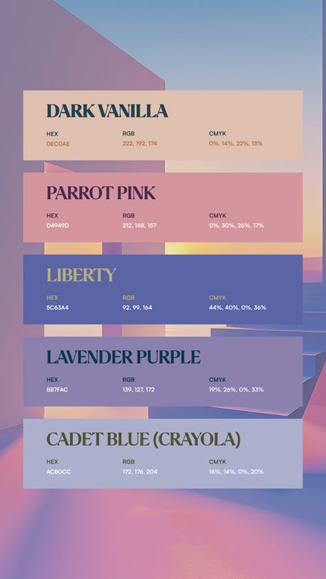 Colors:
DEC0AE
D4949D
5C63A4
8B7FAC
ACB0CC Work Color Palette, Nonbinary Color Palette, Soft Tone Color Palette, Colour Pop Palette, Application Color Palette, Alice Color Palette, Powder Color Palette, Etsy Color Palette, 90s Aesthetic Color Palette