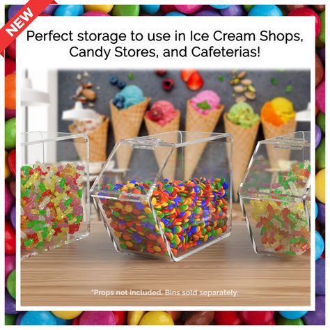 Keep your restaurant, kitchen or ice cream shop organized with our acrylic kitchen display bins. Shop now and make your kitchen more efficient! #MarketingHolders #321Plastics #KitchenStorage #Candy #IceCream https://marketingholders.com/food-display-and-storage/candy-and-ice-cream-toppings-bin-cereal-and-snack-food-storage/?showHidden=true&ctk=31823afa-6072-450c-be81-0b2e3eb7e780 Ice Cream Toppings Display, Candy Stores, Acrylic Kitchen, Slat Wall Display, Ice Cream Shops, Yogurt Shop, Coffee Pod Holder, Table Card Holder, Kitchen Display