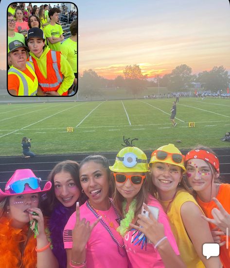 Neon Outfits Ideas, Neon Construction Football Theme, Neon Outfit Ideas For Football Games, Glow In The Dark Football Theme, Neon Football Game Theme Outfit Paint, Neon Fnl Outfit, Football Game Neon Theme, Fnl Neon Out, Neon Theme Football Game Signs