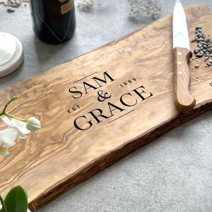 Personalised Cheese Boards & Sets | notonthehighstreet.com Antipasti Board, Olive Wood Cheese Board, Couple Presents, Wood Cheese Board, Personalized Engraved Gifts, Unique Wedding Gifts, Personalized Anniversary, Personalized Wedding Gifts, Olive Wood