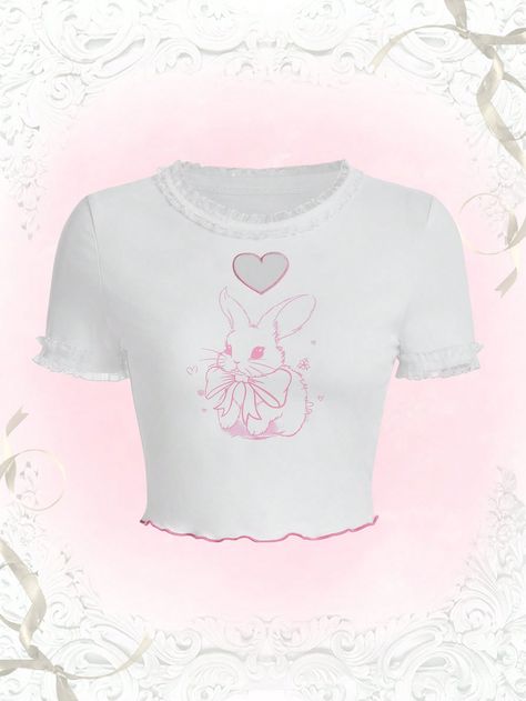 Sweetness Cartoon Graphic Frill Trim Tee Sanrio Clothes, White Cami Tops, Png Clothes, Kawaii Cartoon, White Cami, Baby Tees, Stage Outfits, White Casual, Kawaii Fashion