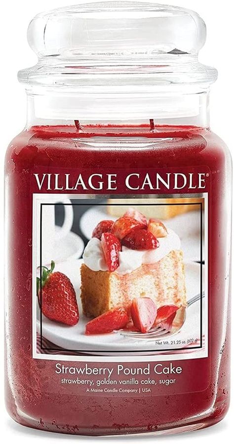 Village Candle Strawberry Pound Cake, Large Glass Apothecary Jar Scented Candle, 21.25 oz, Red Wells Maine, Apothecary Candle, Strawberry Pound Cake, Candle Lite, Village Candle, Lemon Candle, Apothecary Candles, Pound Cake With Strawberries, Glass Apothecary Jars