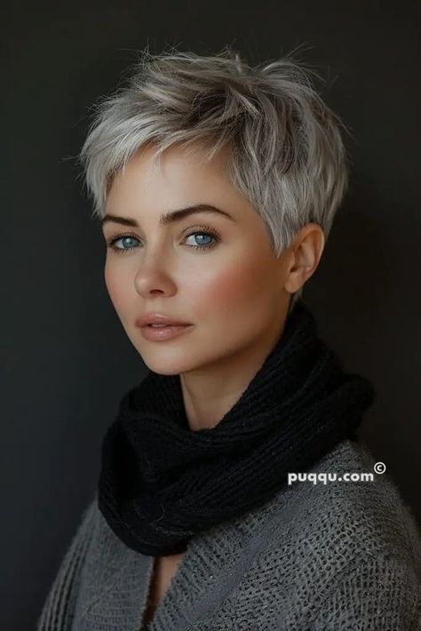 Pixie Haircut Growing Out Stages, Short Shag Hairstyle Women, Silver Pixie Cut, Haircut Gray Hair, Messy Pixie Haircut, Grey Hair Looks, Short Silver Hair, Short Hair Pixie Cuts, Spiked Hair